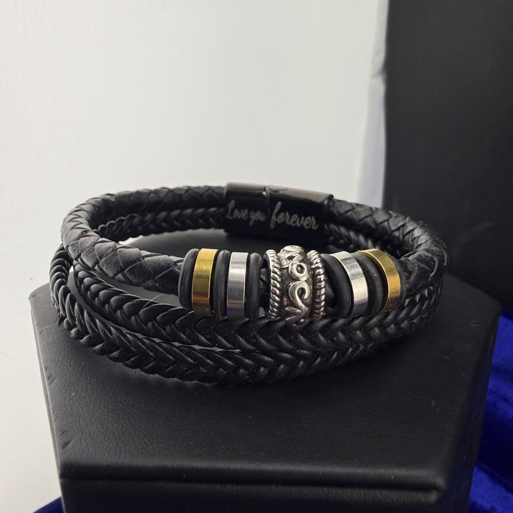 Men Engraved Bracelet Black Faux Leather Layered Engraved Love You Forever 7.5”